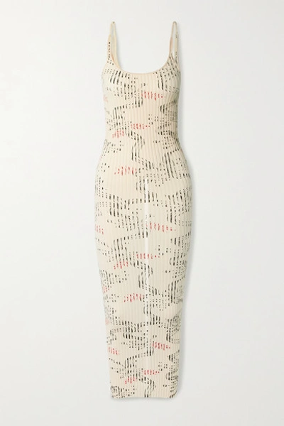 Shop Paco Rabanne Ribbed Printed Cotton Midi Dress In Ivory