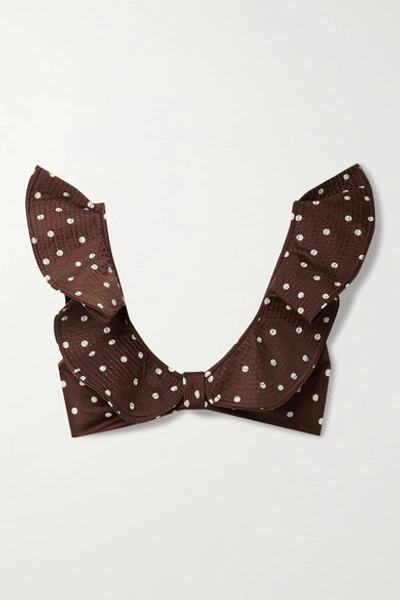 Shop Johanna Ortiz + Net Sustain Rolling Hills Ruffled Polka-dot Bikini Top In Chocolate