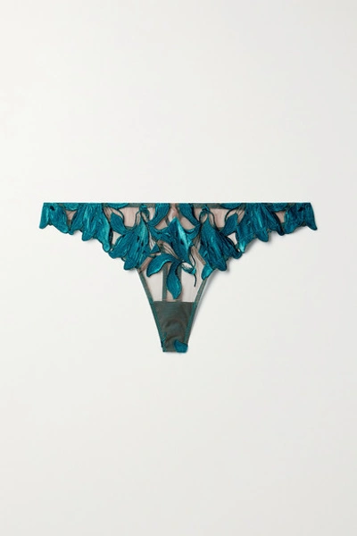 Shop Fleur Du Mal Lily Velvet-trimmed Embroidered Stretch-tulle Thong In Turquoise