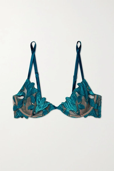Shop Fleur Du Mal Lily Velvet And Satin-trimmed Embroidered Stretch-tulle Underwired Bra In Turquoise
