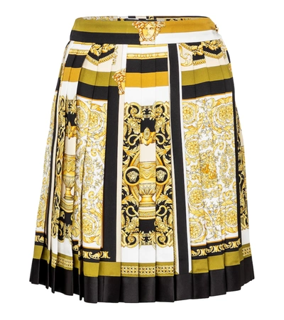 Shop Versace Barocco Mosaic Pleated Silk Miniskirt In Yellow