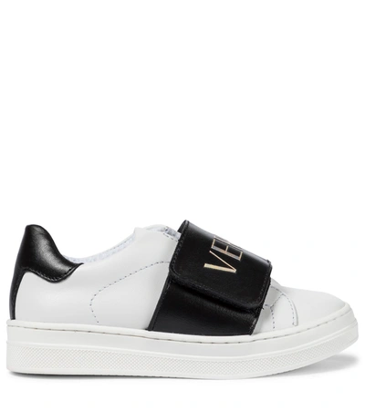 Shop Versace Logo Leather Sneakers In White