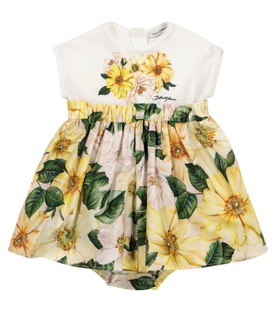 Shop Dolce & Gabbana Baby Floral Cotton Dress And Bloomers Set In Yellow