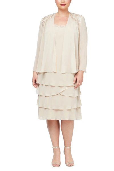 Shop Slny Embellished Tiered Dress With Jacket In Winter Ivory