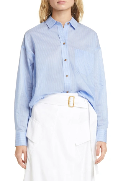 Shop Vince Fine Stripe Cotton & Silk Blouse In Aqua Bloom