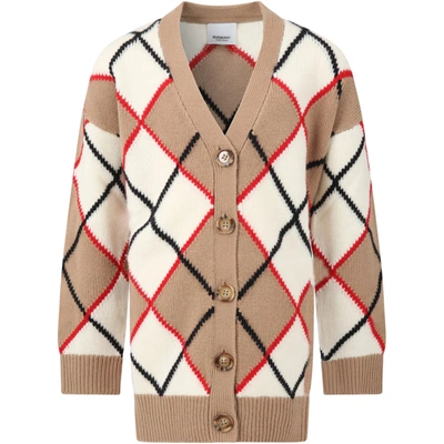 Shop Burberry Multicolor Cardigan For Kids In Beige