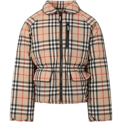 Shop Burberry Beige Jacket For Girl With Vintage Checks