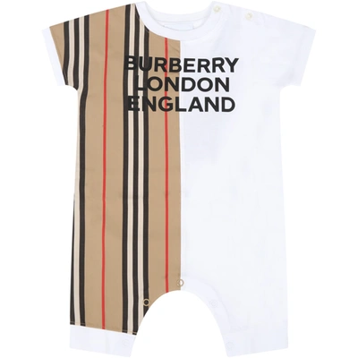 Shop Burberry Multicolor Babygrow For Babykids With Logo In Beige