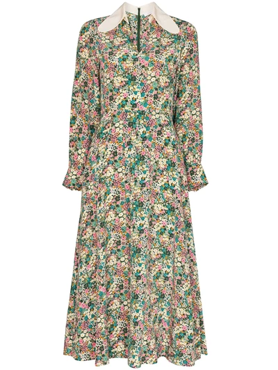 Shop See By Chloé Floral-print Long-sleeve Midi Dress In Green