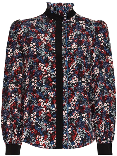 Shop See By Chloé Floral-print Ruffle-collar Silk Blouse In Blue