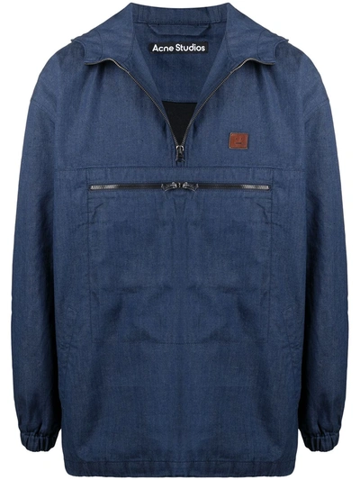 Shop Acne Studios Face Half-zip Hooded Jacket In Blue
