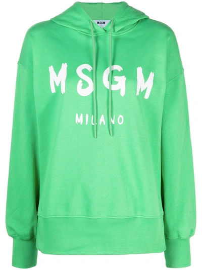 Shop Msgm Logo-print Drawstring Hoodie In Green