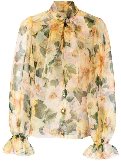 Shop Dolce & Gabbana Floral Pussy-bow Blouse In Yellow