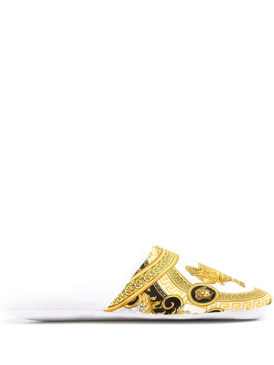 Shop Versace Home Baroque Print Slippers In White