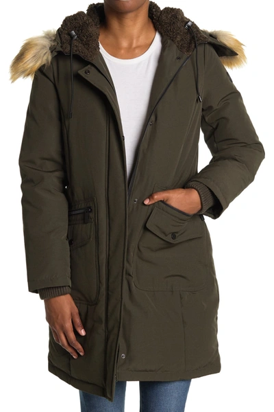 Shop French Connection Faux Fur Trim Hooded Flap Pocket Down Jacket In Loden