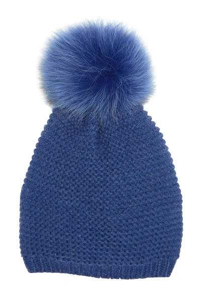 Shop Kyi Kyi Genuine Fox Fur Pompom Knit Beanie In Blue