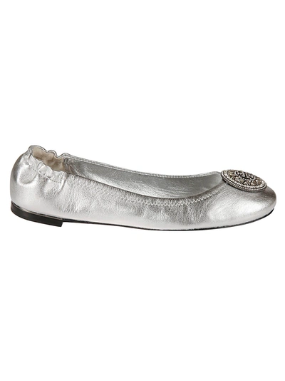 Shop Tory Burch Crystal Logo Ballerinas In Silver