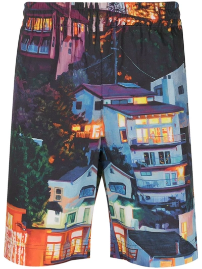 Shop Msgm House-print Cotton Shorts In Black