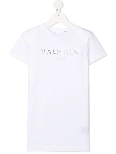 Shop Balmain Embellished Logo-print T-shirt Dress In White