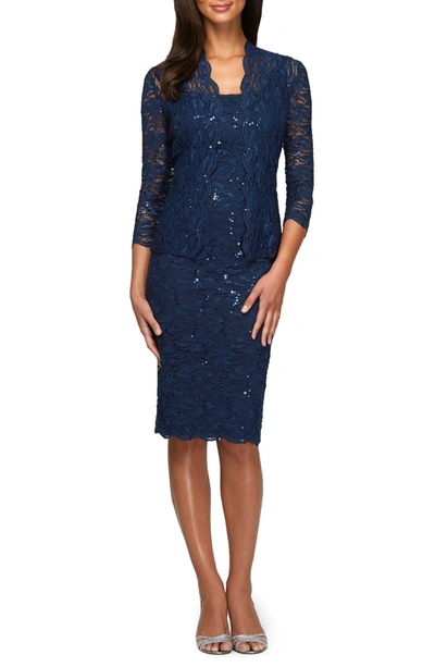 Shop Alex Evenings Lace Cocktail Dress With Jacket In Navy