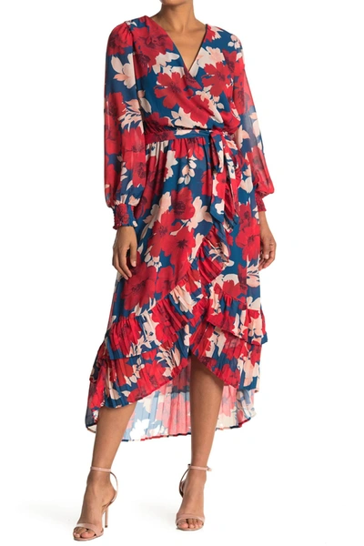 Shop A.calin Floral Long Sleeve Midi Wrap Dress In Teal