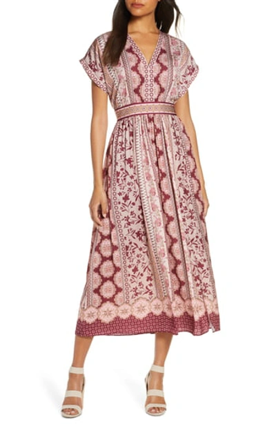 Shop Gal Meets Glam Liza Print Charmeuse Dress In Wine/taupe