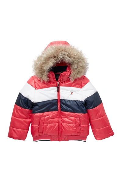 Shop Tommy Hilfiger Colorblock Puffer With Removable Faux Fur Hood In Raspberry Sorbet