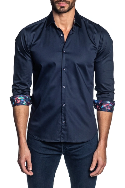 Shop Jared Lang Woven Trim Fit Shirt In Dark Navy