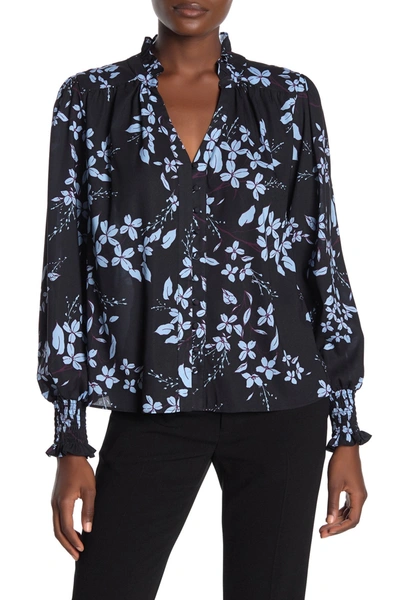 Shop Parker Printed Smocked Cuff Button Front Blouse In Aster Lagoon