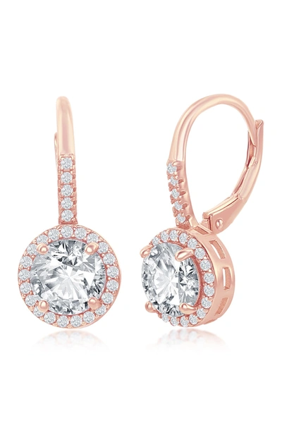 Simona Jewelry 14k Rose Gold Plated Sterling Silver Round-cut Cz Halo Drop Earrings In Rose