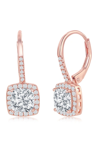 Simona Jewelry 14k Rose Gold Plated Sterling Silver Princess-cut Cz Halo Drop Earrings In Rose