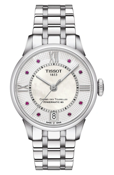 Shop Tissot Women's Chemin Des Tourelles Powermatic 80 Bracelet Watch In Silver/ Mop/ Silver