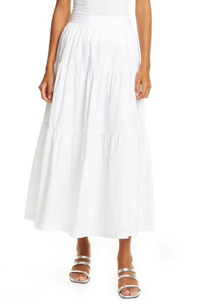 Shop Staud Tiered Stretch Cotton Maxi Skirt In White