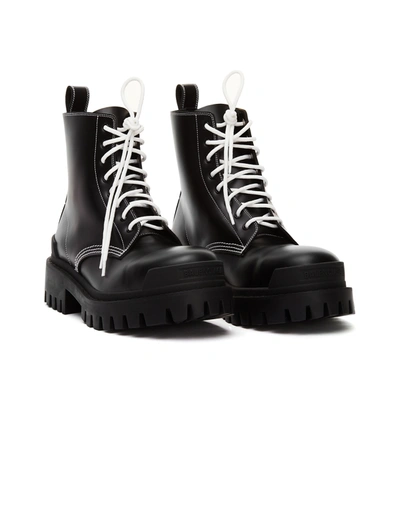 Shop Balenciaga Leather Strike Bootie With White Laces In Black