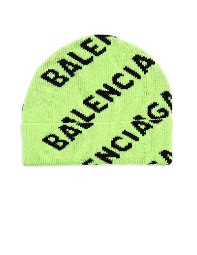 Shop Balenciaga Neon Green Wool All Over Logo Beanie
