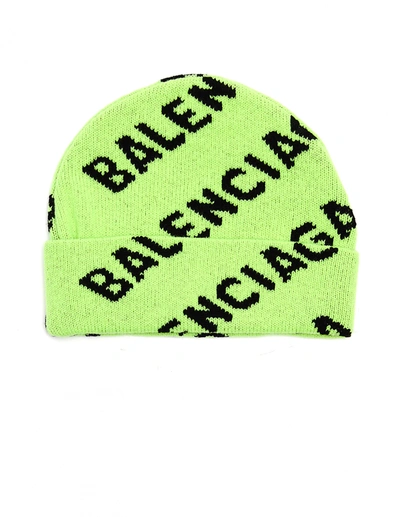 Shop Balenciaga Neon Green Wool All Over Logo Beanie