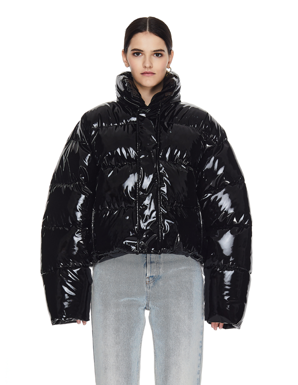 Balenciaga Black Shiny Cropped Puffer Jacket In 1000 Black | ModeSens