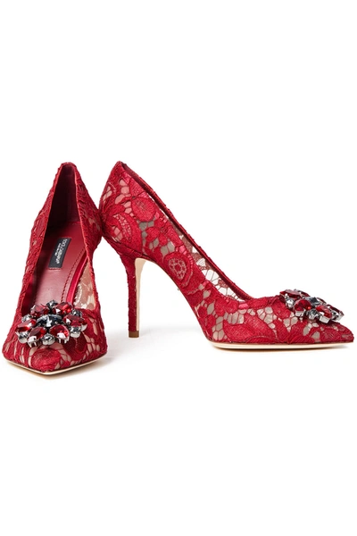 Shop Dolce & Gabbana Belluci Taormina Crystal-embellished Corded Lace Pumps In Crimson