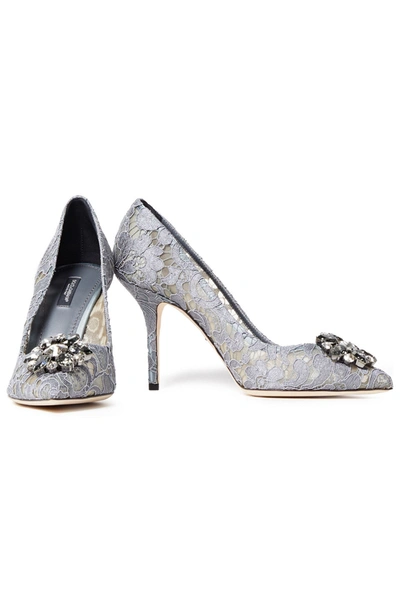 Shop Dolce & Gabbana Belluci Taormina Crystal-embellished Corded Lace Pumps In Light Gray