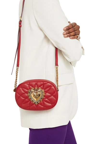 Shop Dolce & Gabbana Devotion Embellished Quilted Leather Shoulder Bag In Red