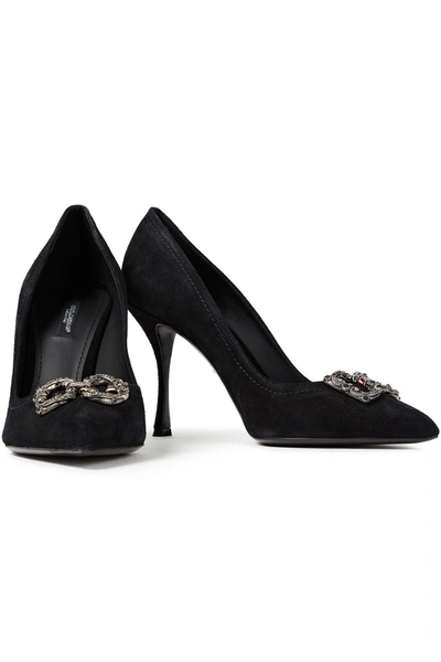 Shop Dolce & Gabbana Lori Logo-embellished Suede Pumps In Black