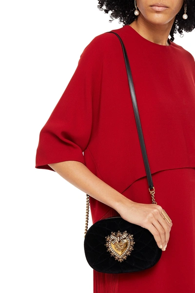 Shop Dolce & Gabbana Devotion Embellished Quilted Velvet Shoulder Bag In Black
