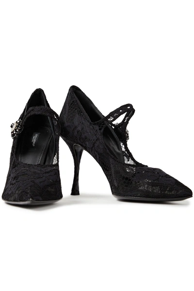 Shop Dolce & Gabbana Lori Crystal-embellished Stretch-lace Mary Jane Pumps In Black