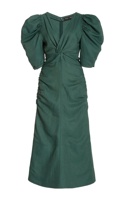 Shop Proenza Schouler Shirred-sleeve Satin Dress In Green