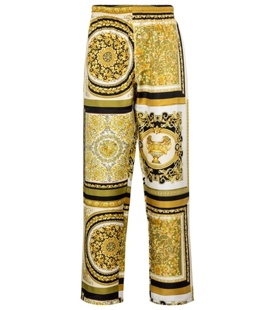 Shop Versace Barocco Mosaic Printed Silk Pants In Gold