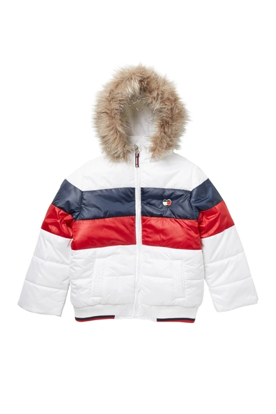 Shop Tommy Hilfiger Colorblock Puffer With Removable Faux Fur Hood In White