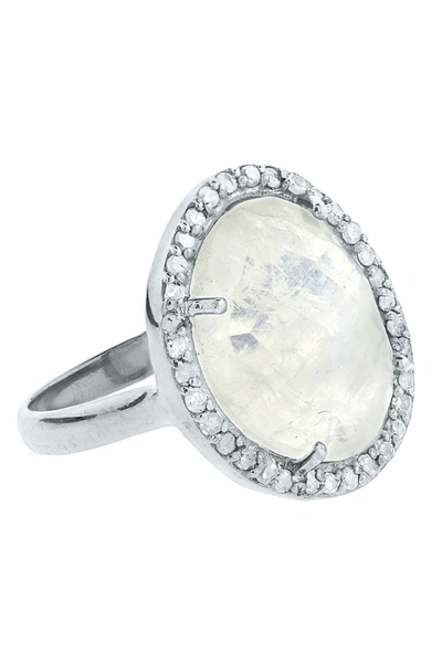 Shop Adornia Fine Rhodium Plated Sterling Silver Pave Diamond Halo Rose Cut Moonstone Ring In White