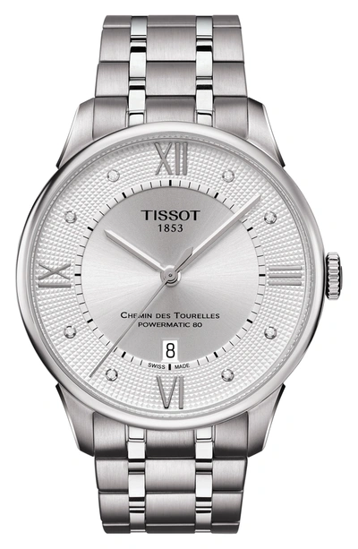 Shop Tissot T-classic Chemin Des Tourelles Powermatic 80 Diamond Bracelet Watch, 42mm In Silver