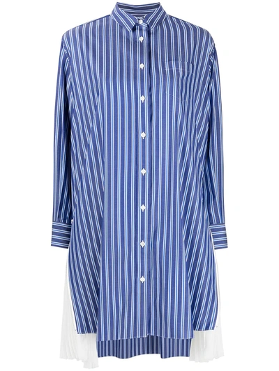 Shop Sacai Pleated Sides Striped Shirt Dress In Blue
