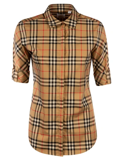 Shop Burberry Short Sleeve Checked Print Shirt In Beige